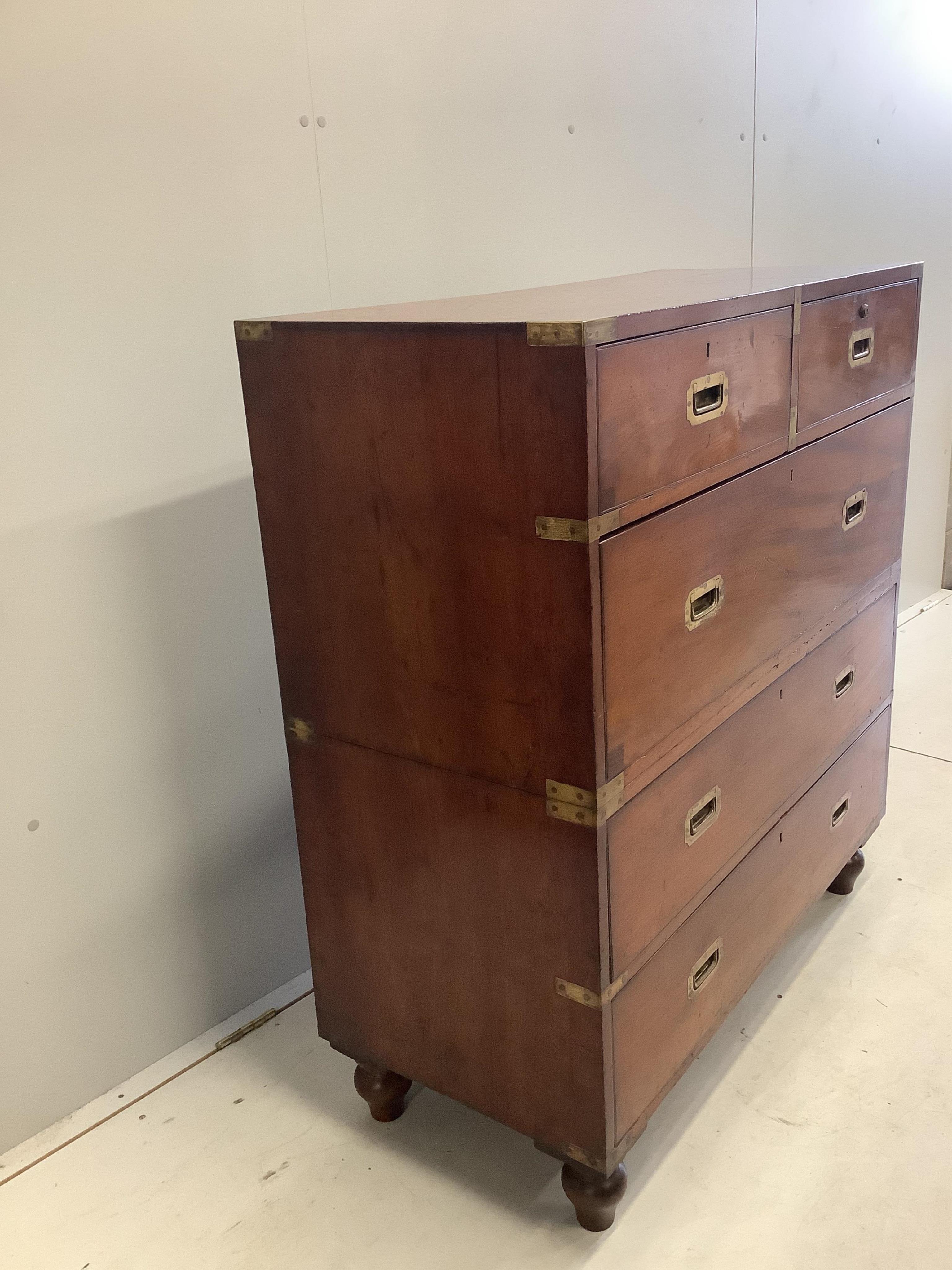 A late 19th century brass mounted mahogany two part military chest, width 99cm, depth 45cm, height 109cm. Condition - fair to good